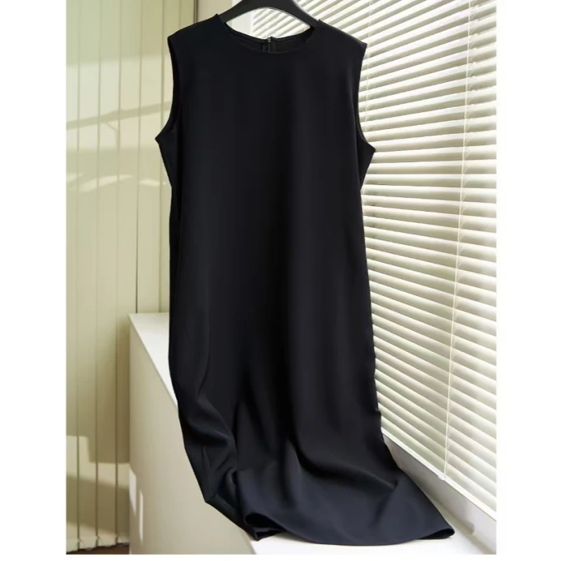 New women's split sleeveless mid length dress made of triacetic acid fabric for spring and summer of 2025