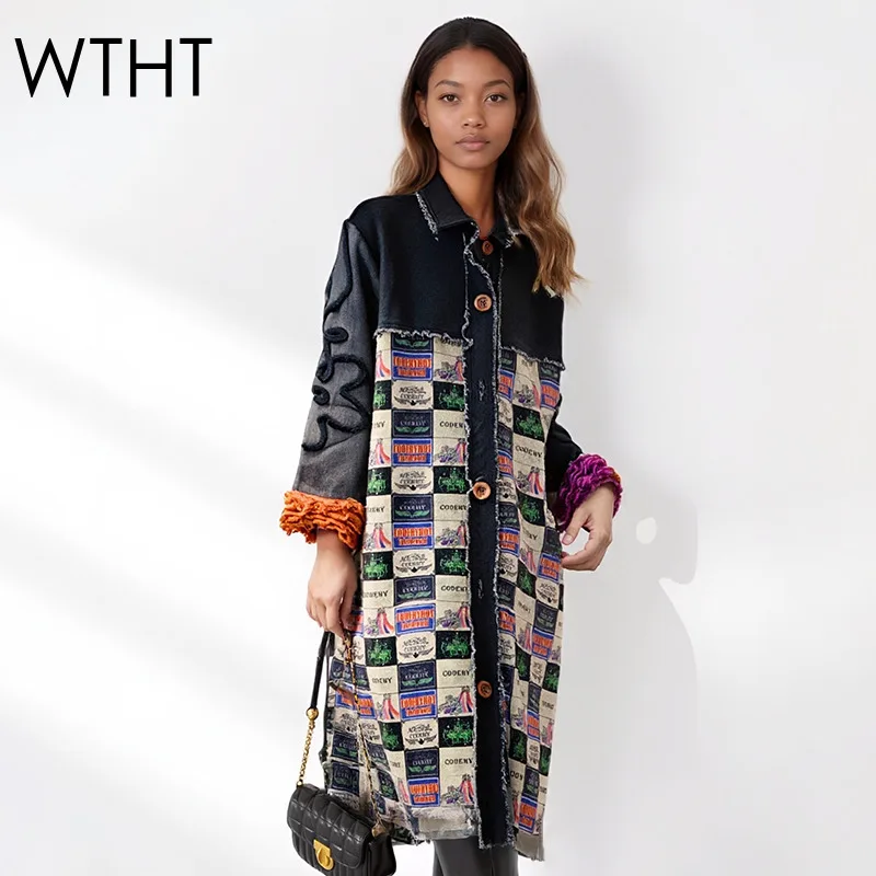 

WTHT новая модная женская свободная джинсовая куртка контрастного цвета в клетку с принтом, зима 2025, модное пальто с длинными рукавами и лацканами, женское 1LS2691