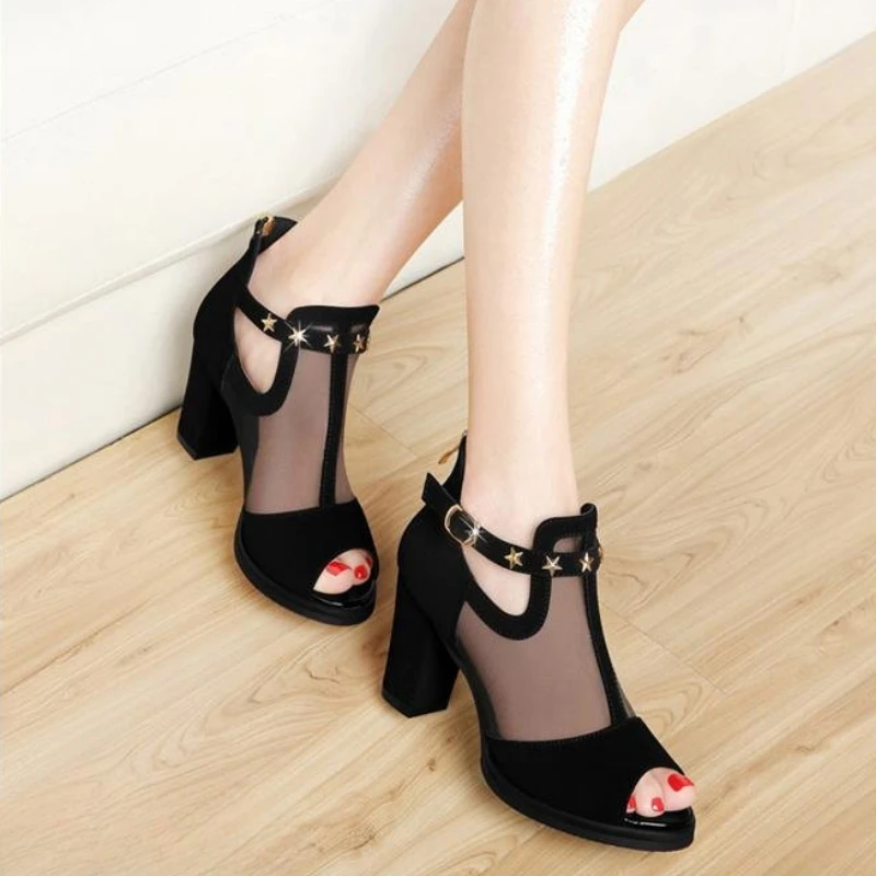 Mesh Peep Toe Block High Heels Women Sandals Cutout Ankle Strap Star Buckle Platform Dress Office Party Shoes Plus Size 41 Black view 2