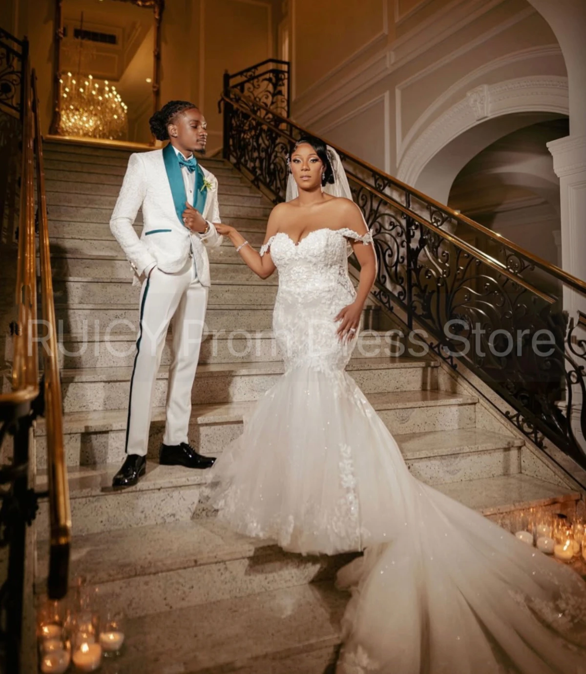 Eleganckie suknie ślubne z odkrytymi ramionami syrenka luksusowe 2025 koronkowa aplikacja cekinowa damska suknia dla panny młodej Vestidos de novia