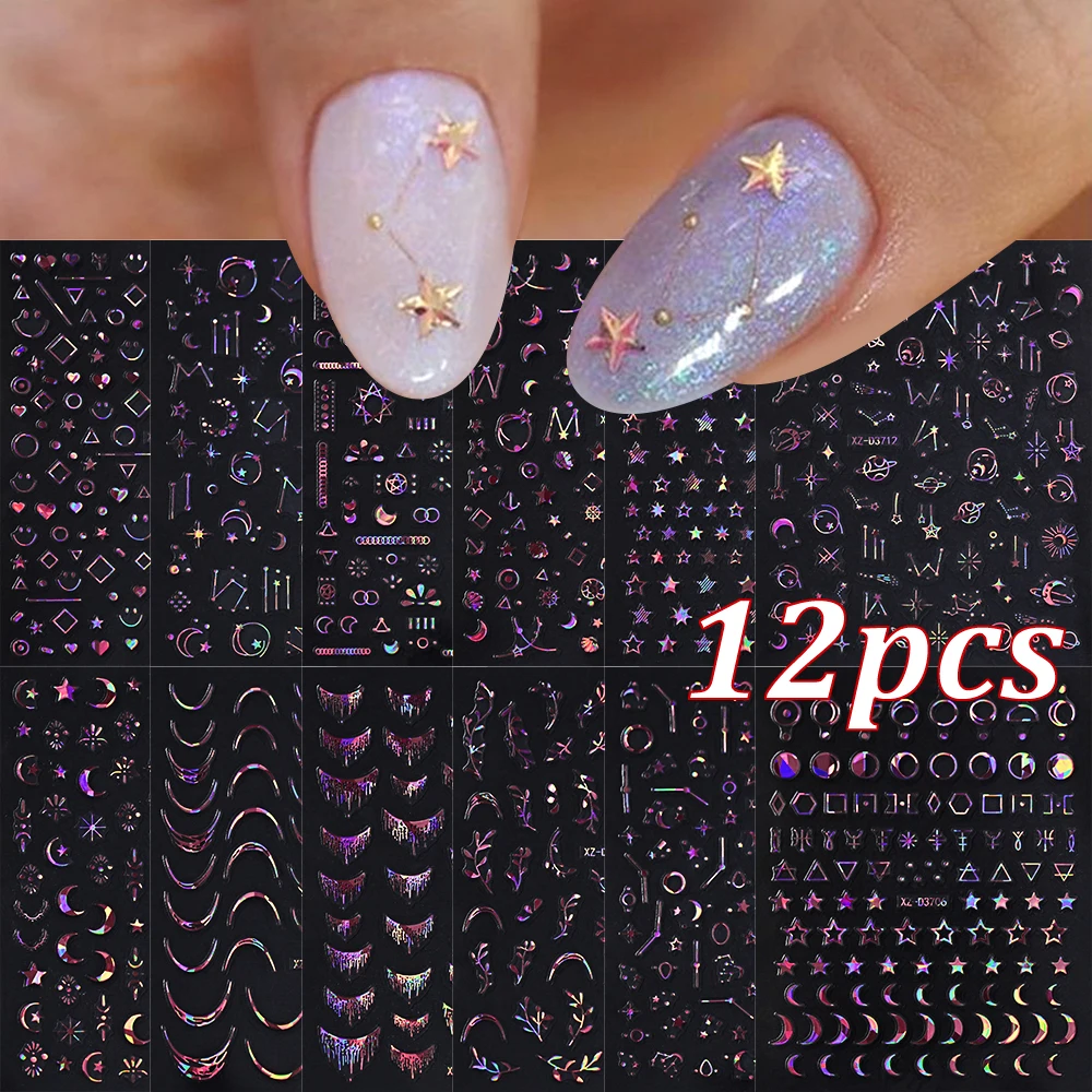

12pcs Dazzling Star Moon French Line Nail Sticker 3D Laser Pink Purple Crown Tassel Nail Decal Self Adhesive DIY Manicure Slider