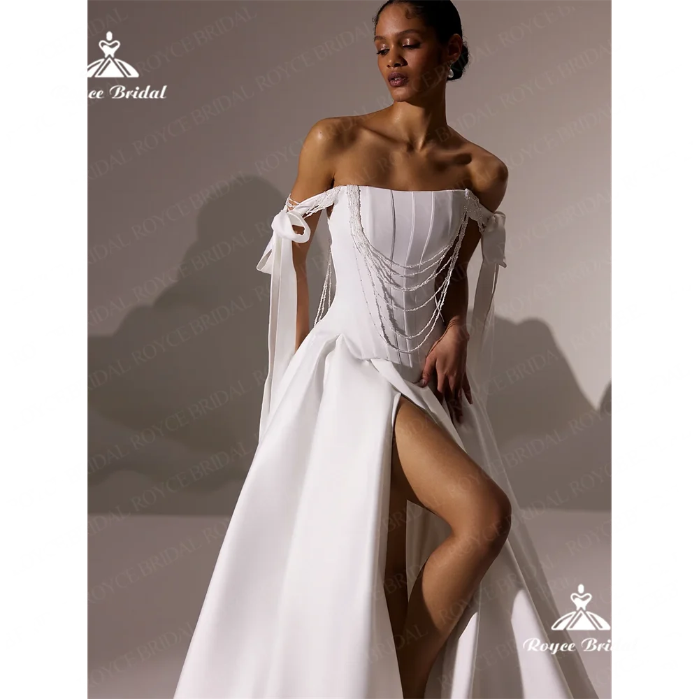 Roycebridal barco pescoço uma linha vestido de casamento 2025 cetim fenda lateral tribunal trem vestido de casamento personalizado vestido de novia bodarobes de