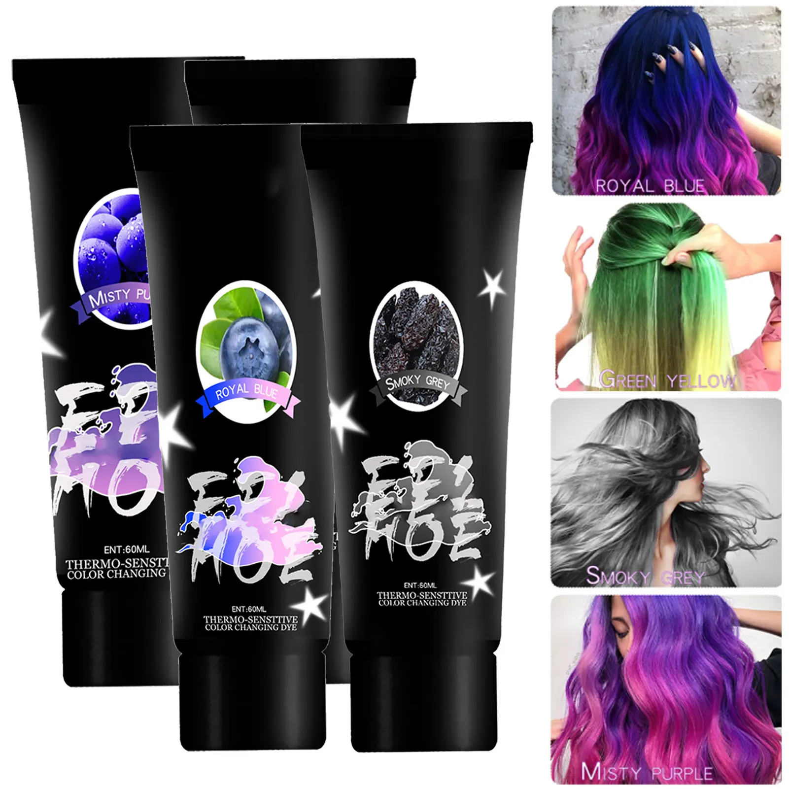 Safe Non-irritating Thermochromic Color Changing Hair Dye Hair Color Dye Cream Purple Pink, Green Yellow, Blue Pink,Black Silver