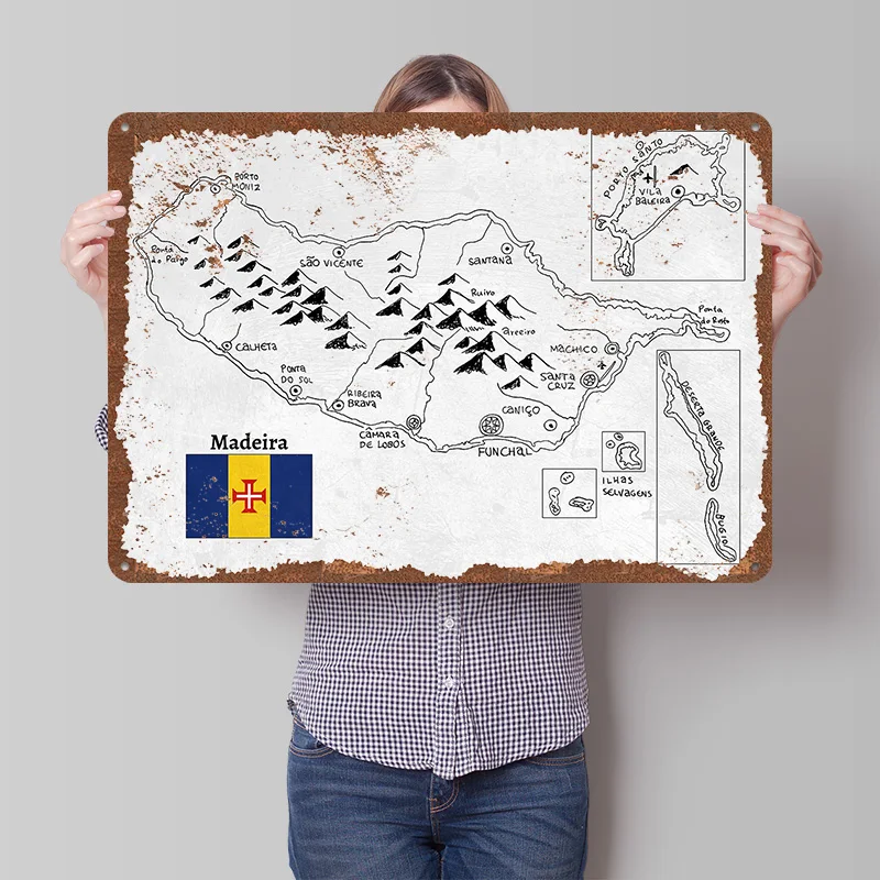 Handdrawn Map of Madeira Poster Customized Wall Art Vintage Metal Signs Retro Tin Plaque for Man Cave Garage Decoration Decor