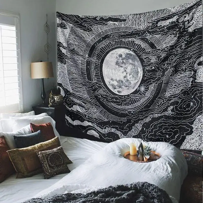 VIKAMA Black White Moon Wall Art Tapestry, Celestial Full Moon Line Pattern Hanging Decor for Bedroom Meditation Room