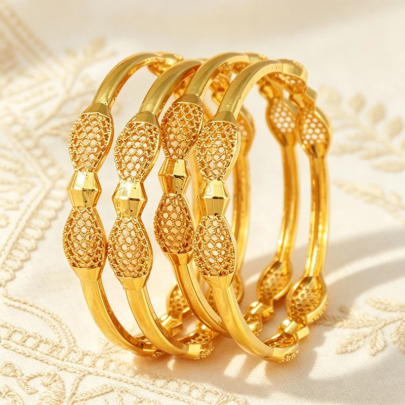 Retro Hollow Filigree Spliced Bangle Bracelet Gold Tone Alloy Open Cuff Elegant Stackable Wrist Jewelry For Daily Party