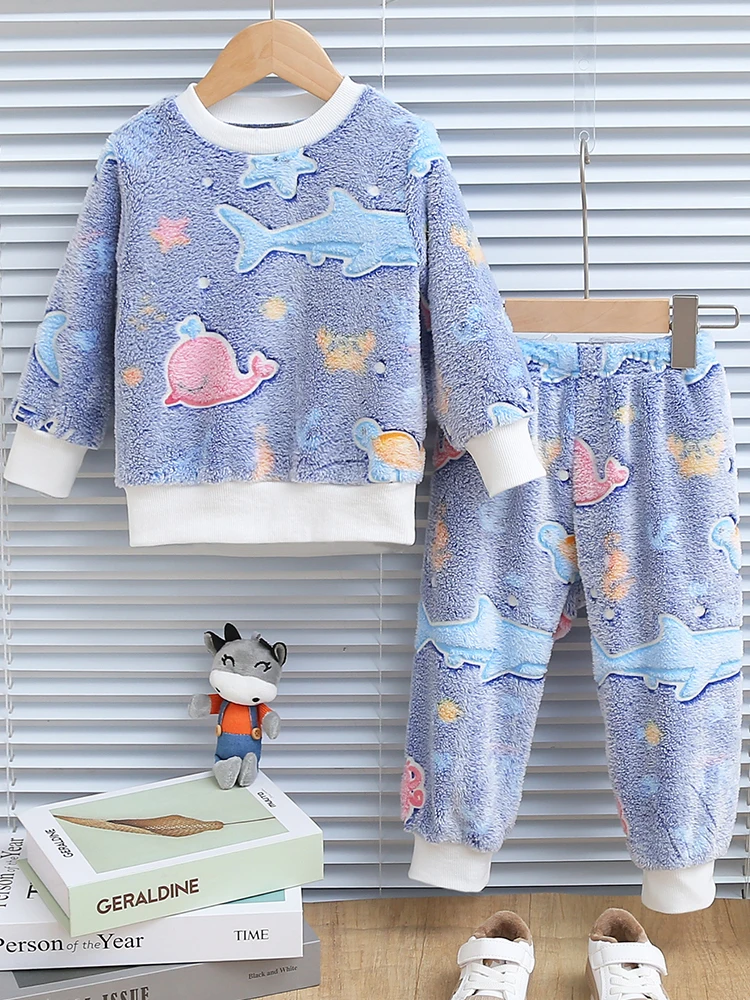 2pcs baby boy autumn and winter night light pattern plush thick long sleeved shirt and pants for comfort Chid Accessories