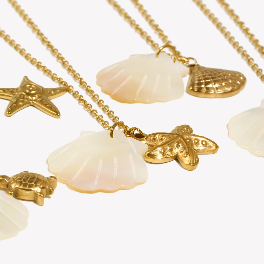 E.B.belle Summer Sea Animals Starfish Dolphin Tortoise Conch Shell Pearl Pendant Stainless steel Ladies Necklaces Jewelry Gift
