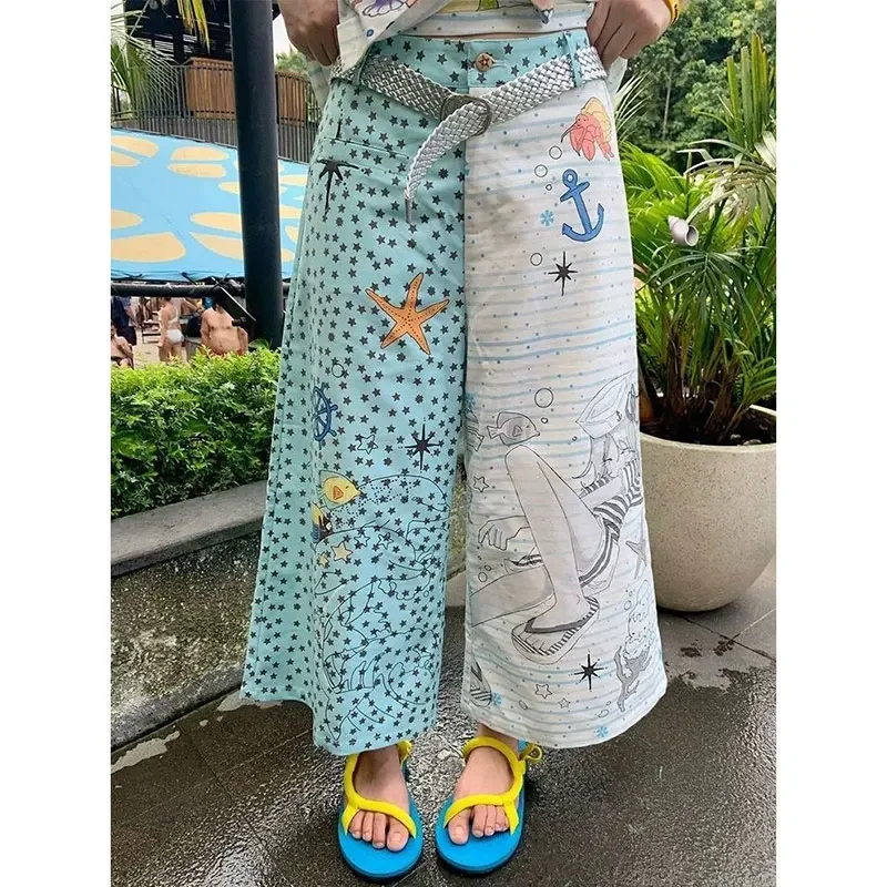 

Summer Women's Blue Baggy Parachute Pants Harajuku Calf Length Wide Pants Oversize Sweatpants Y2k 2000s Vintage Trousers Clothes