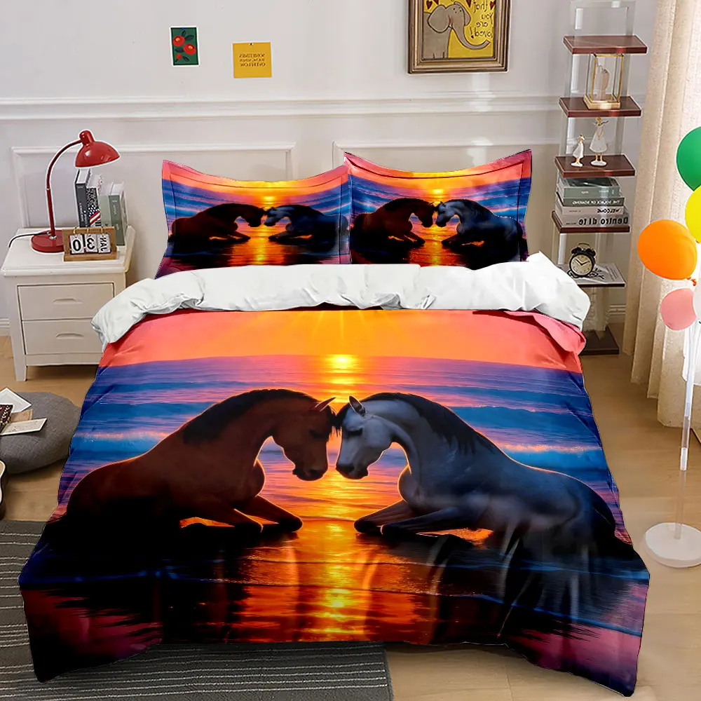 

Romantic Sunset Horse Decor Set Bedding Set with 1 Duvet Cover 2 Pillowcases Single Double King Queen, Gift
