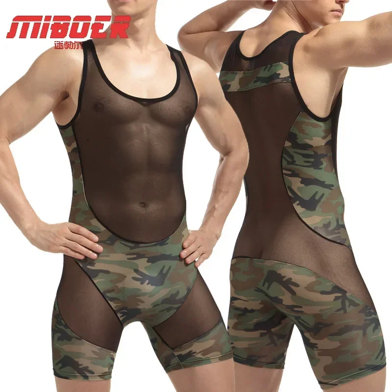 

Mens Undershirt Camouflage Elastic Bodysuit Wrestling Singlet Fitness Workout Running Vest Bodywear Jumpsuit Training Sportswear