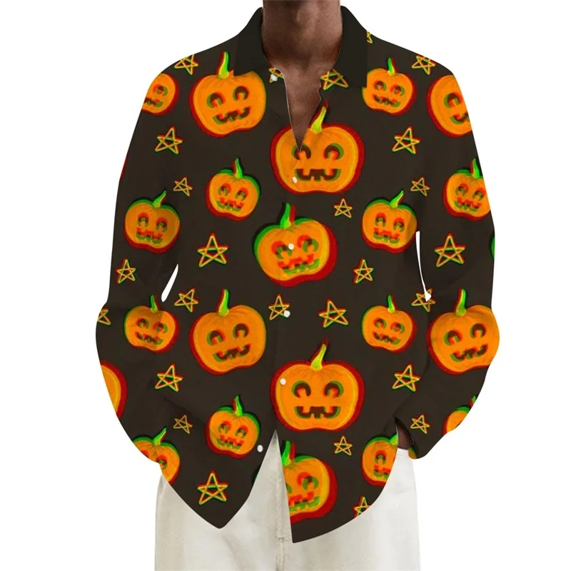 Mens Halloween Pumpkin Shirt All Over Printed Pumpkin Graphic Button Down Lapel Blouses Plus Size Scary Tee Shirts Clothes