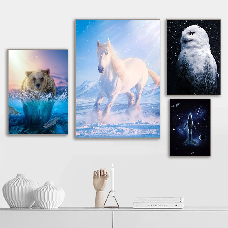 Commanding Wild Animals Poster Tiger Lion White Horse Snow Owl King Deer Canvas Painting Modern Wall Art Picture Home Decor