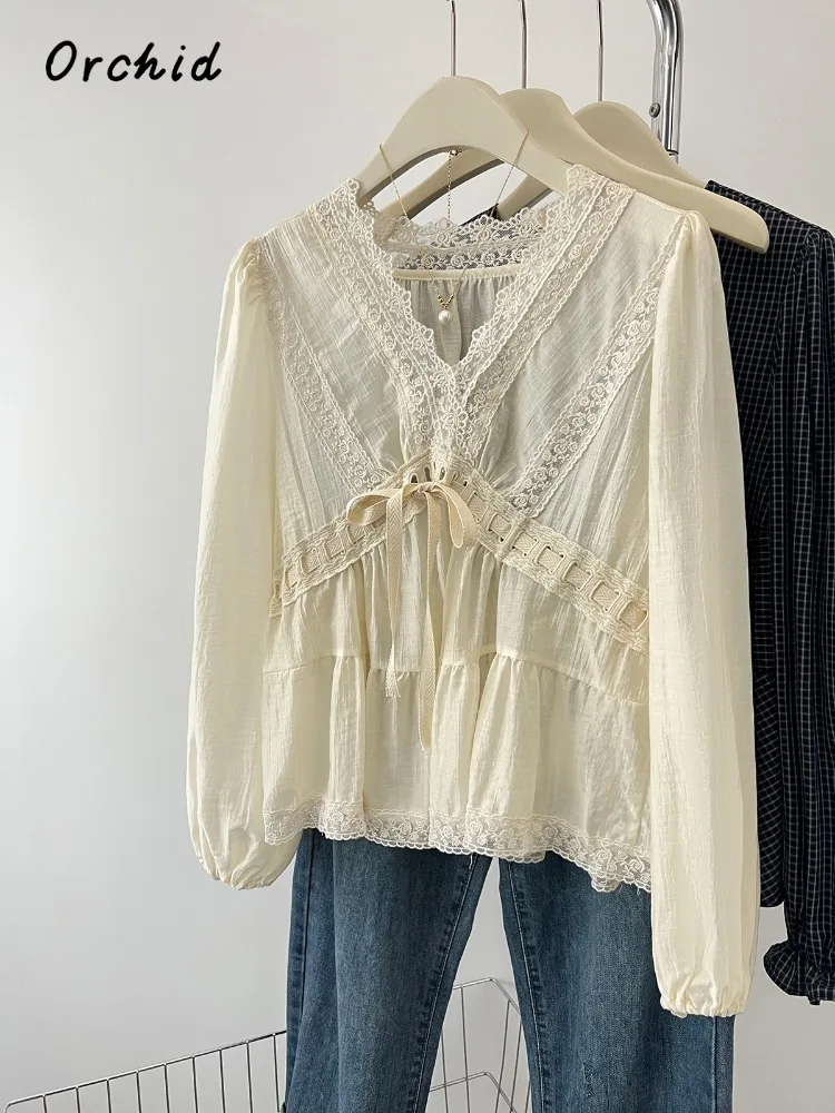 

Элегантные однотонные блузки на шнуровке с v-образным вырезом в стиле ретро, осень 2022, женские офисные шифоновые рубашки с длинным рукавом и бантом, топ