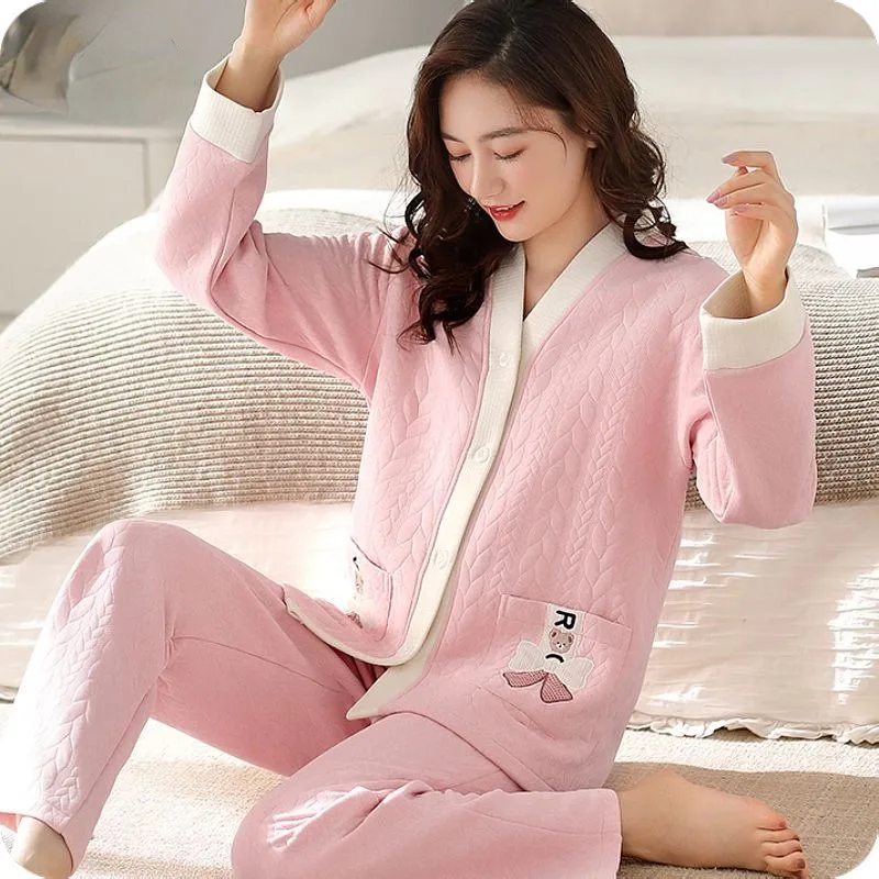 2024 New Air Cotton Sandwich Pajamas Women's Autumn Winter Sleepwear Cardigan Warm Thick Loungewear V-neck Loose Homewear Set