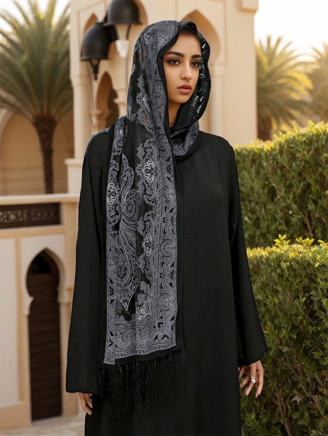 Lace Long Shawl Muslim Hijab Wraps For Women Fashion Printed Long Scarf Tassel Famale Pashmina With Fancy Style