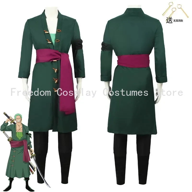 Anime Figures Roronoa Zoro Cosplay Costume Uniform Green/black Coat Pants Scarf Roronoa Zoro Wig Earrings Halloween Men Clothes