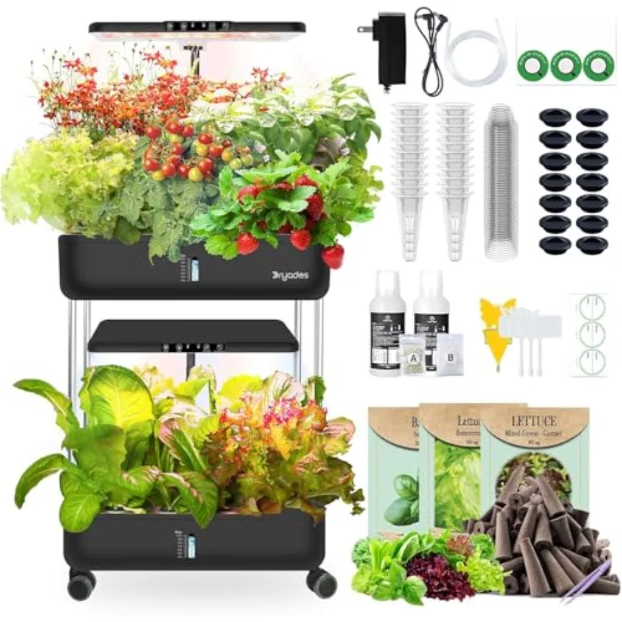 Indoor hydroponic garden system for home use, black ABS plastic, 2-tier design with full-spectrum LED grow light, 10L reservoir