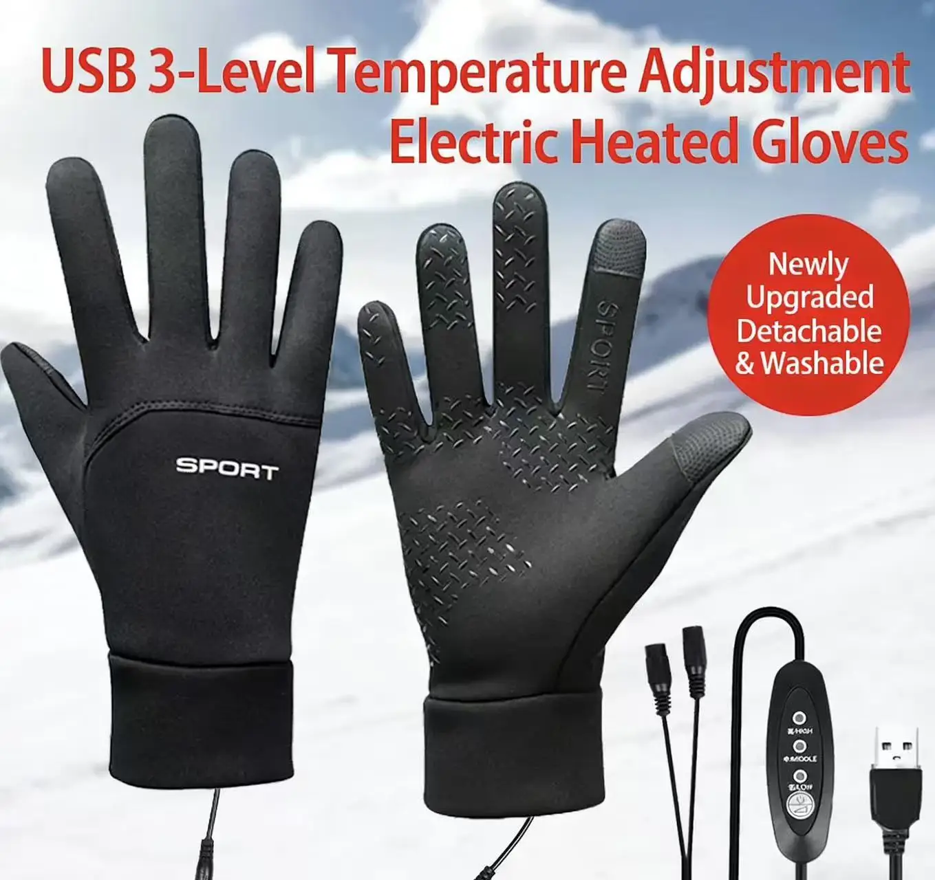 

USB 3-level Temperature Control Heated Gloves Winter Cycling Waterproof Gloves Waterproof Windproof Fleece-lining Warm Gloves