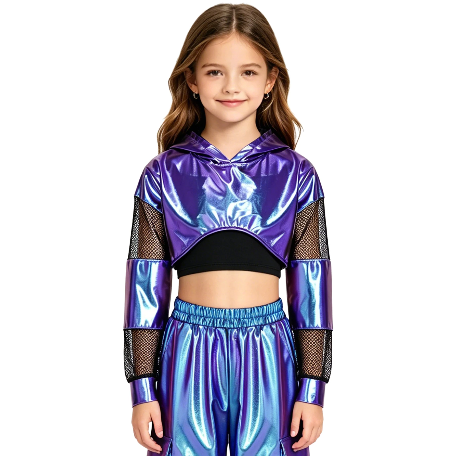 Teen Girls Metallic Hip-hop Jazz Dance Hoodie Crop Top Mesh Long Sleeve Hooded Pullover Sweatshirt School Stage Show Streetwear