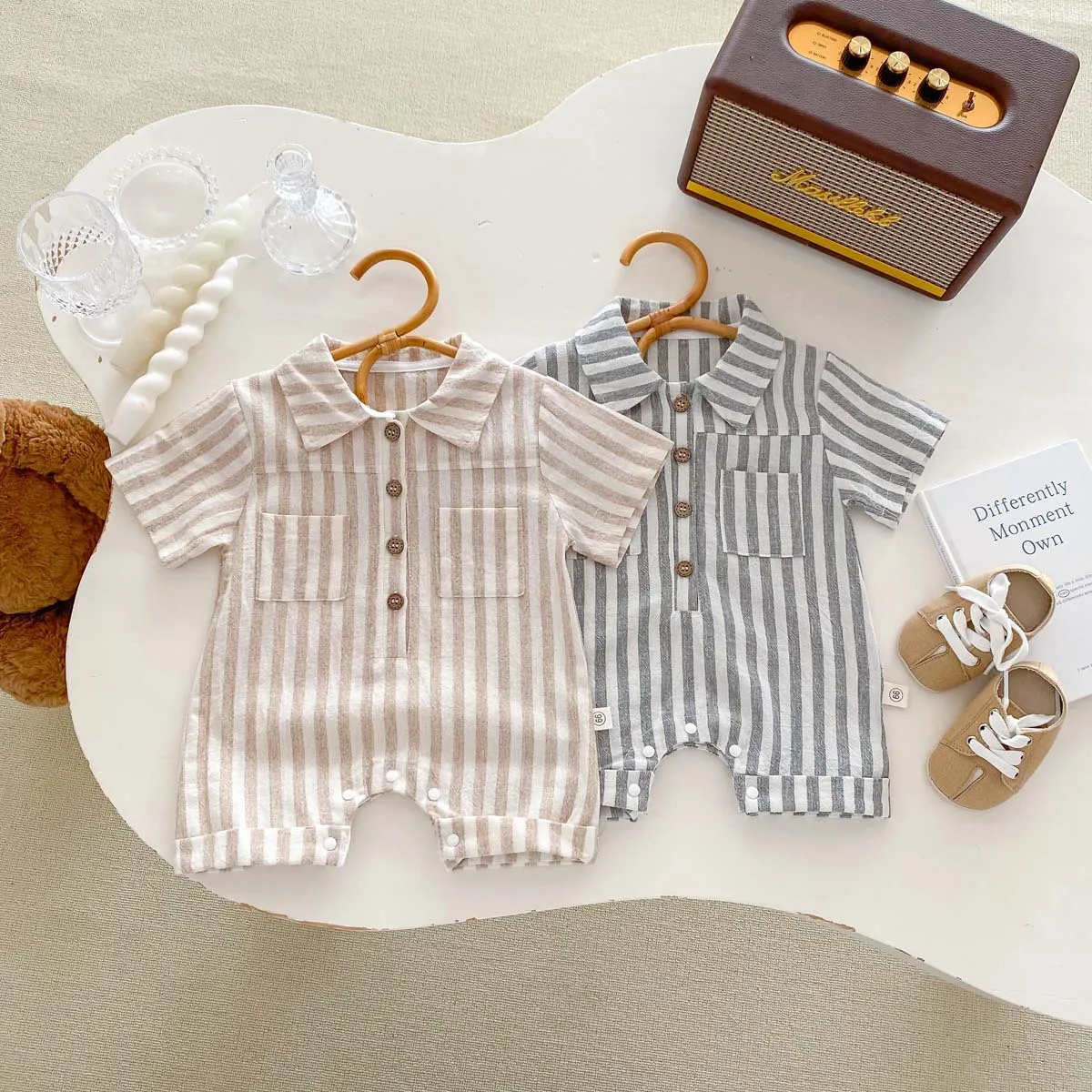 LILIGIRL Baby Boys Rompers Striped Jumpsuits Turn Down Collar Toddler Boys Summer Clothing