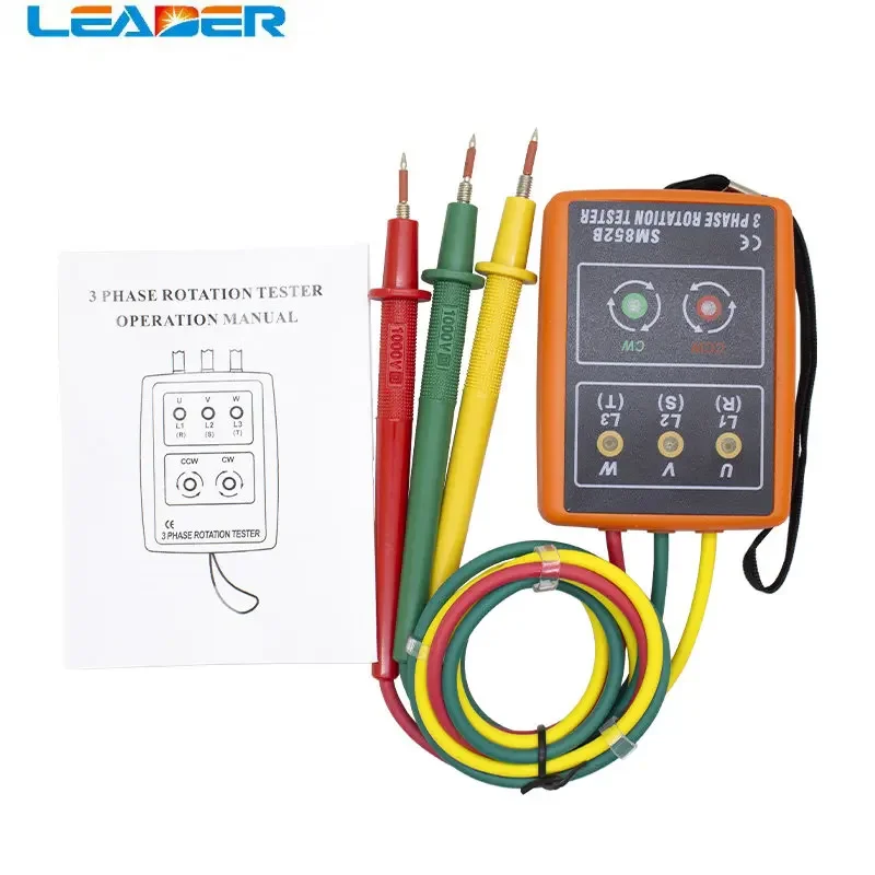 SM852B 3 Phase Rotation Tester Digital Phase Indicator Detector LED Buzzer Phase Sequence Meter Voltage Tester 60V~600V AC