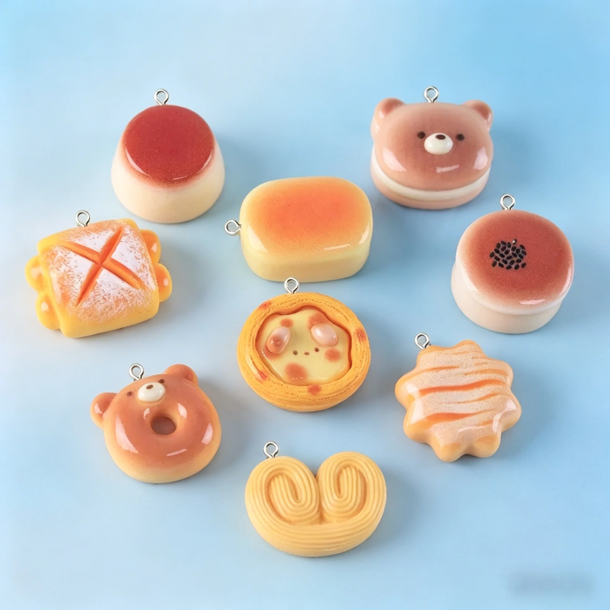 10Pcs Lovely Kawaii Simulation Snack Resin Charms Bear Egg Tart Cheese Bread Pendants Findings for DIY Earrings Keychain Jewelry