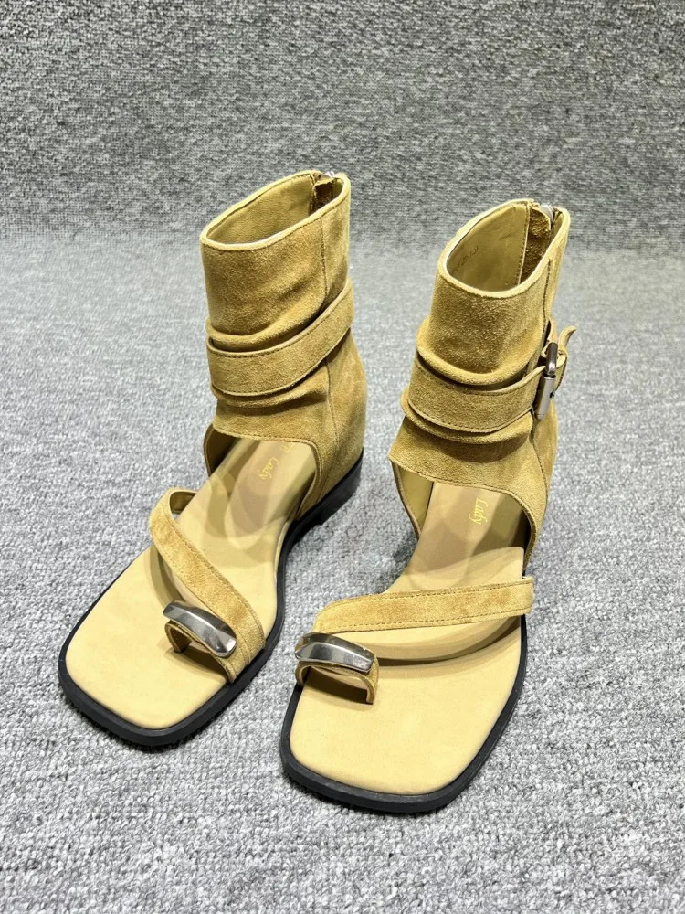 Fashion New Women Genuine Leather High Top Sandals Vintage Metal Buckle Strap Real Leather Gladiator Shoes Comfortable Low Heels