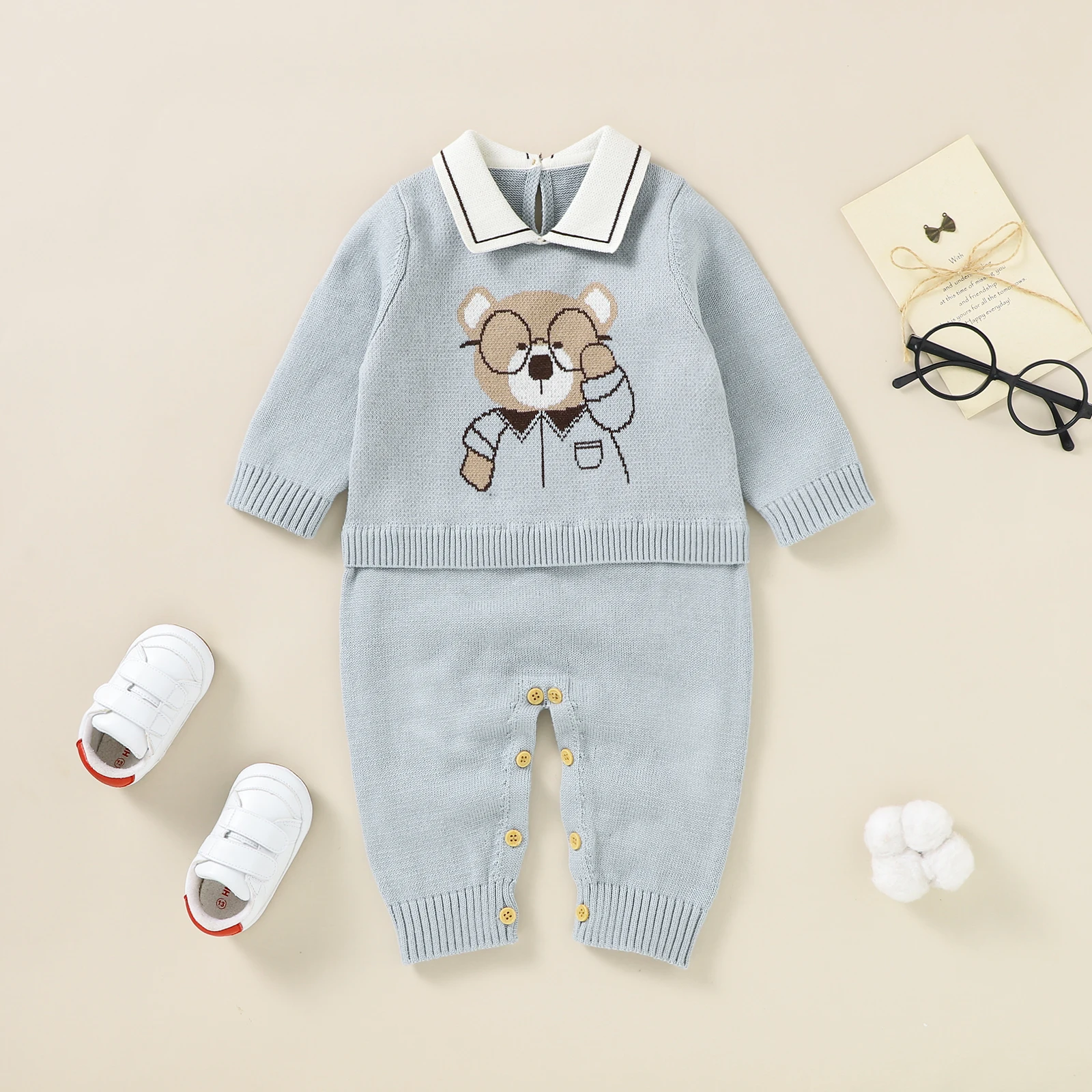 Newborn Baby Clothes Set Cotton Knit Toddler Long Sleeve Turn-down Jumpsuit +Bed Quilt Infant Girl Boy Romper +Blanket Cute Bear