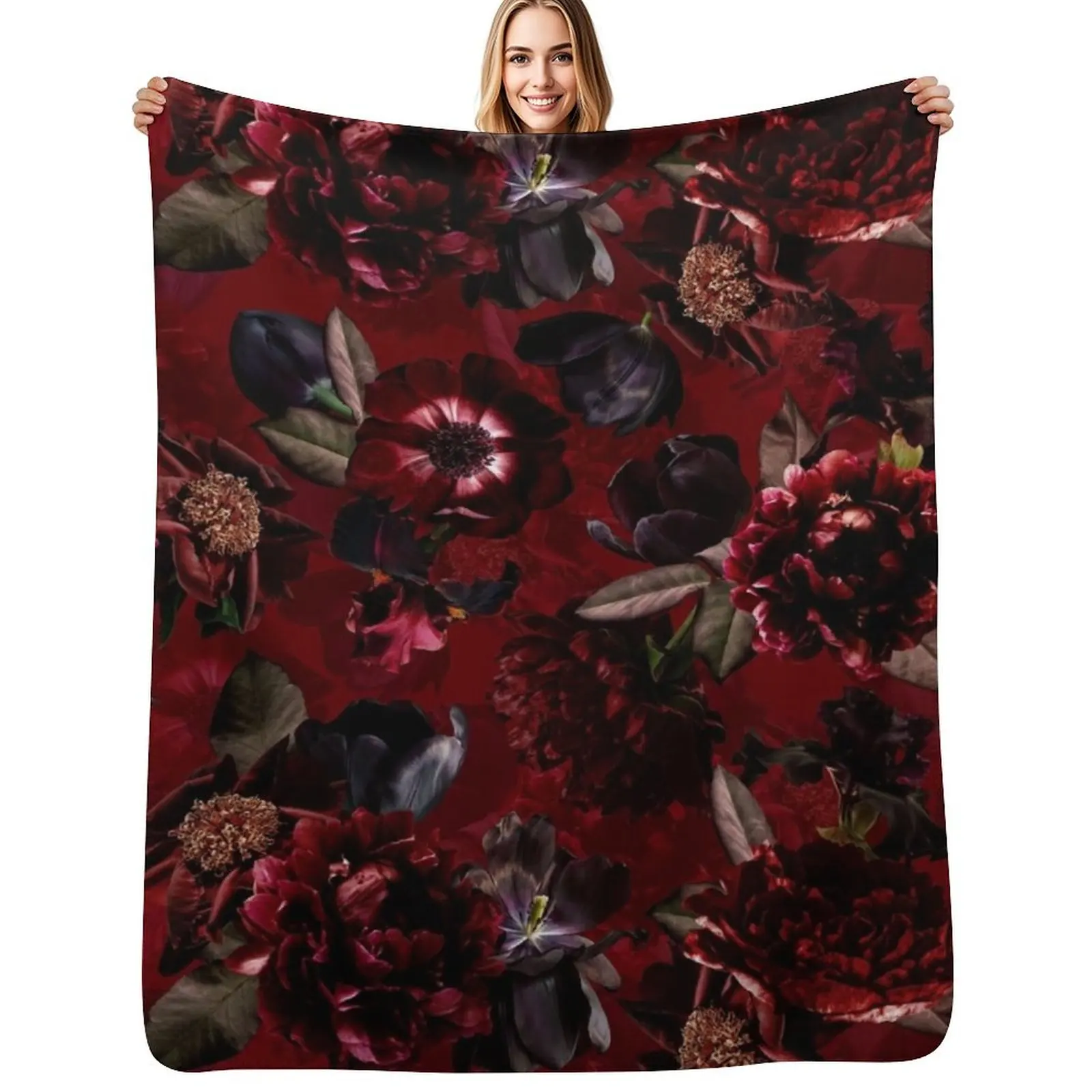 

Dark Red Midnight Roses Botanical Night Garden Nightgarden Throw Blanket Thins Furry Cute Luxury St Blankets