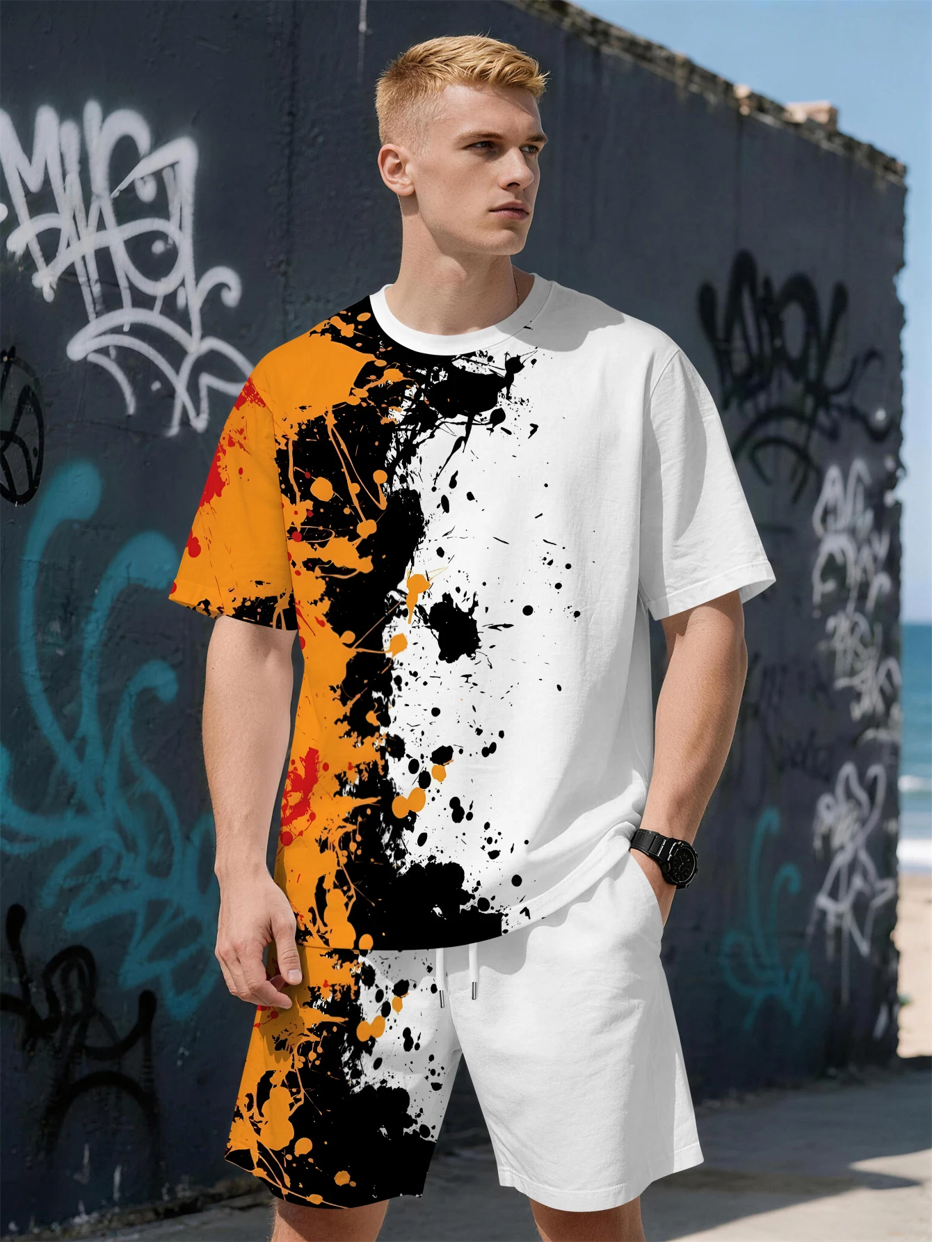 

2026 Summer New Men's Short-Sleeved Set with 3D Patterned Print for Street Casual Fashion Comfortable and Soft