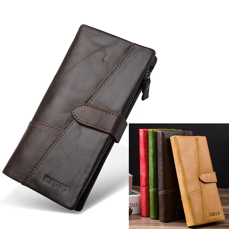Real leather men's purse long buckle zipper multi-card mobile phone storage large capacity thin travel ladies purse