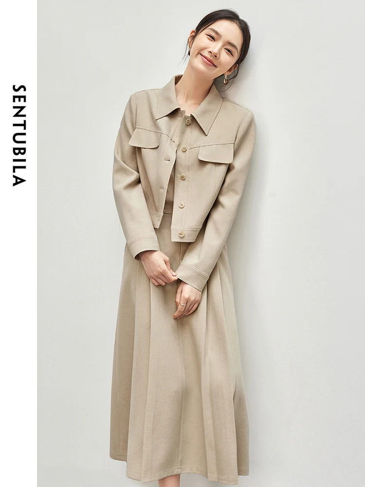 SENTUBILA Women Texture Linen Skirt Set 2024 Autumn Single Breasted Jacket Pleated A Line Skirt 2-częściowy zestaw spódnic 143Z56777