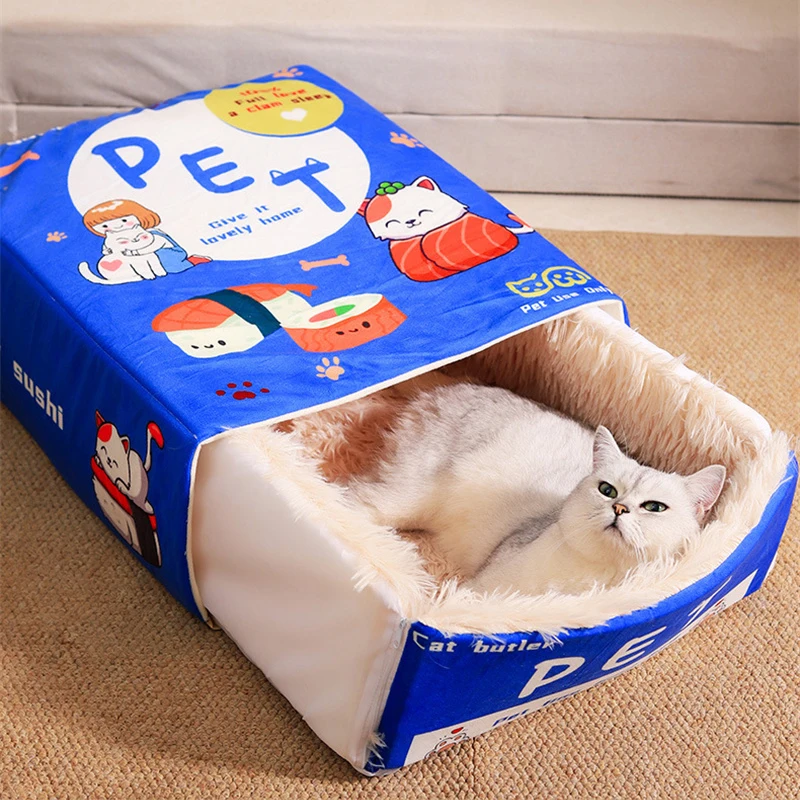 Funny Snack Box Cat Bed House Rectangular Fully Enclosed Warm Sleeping Cat Nest Long Plush Cushion Cave for Small Pet Kitten Dog