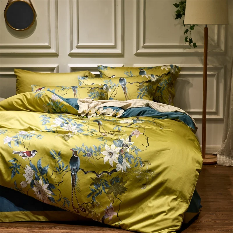 

Luxury Chinese Style Flowers Bird Bedding Set Lyocell Eucalyptus Fiber Soft Silky Duvet Cover Bed Sheet/Fitted Sheet Pillowcases