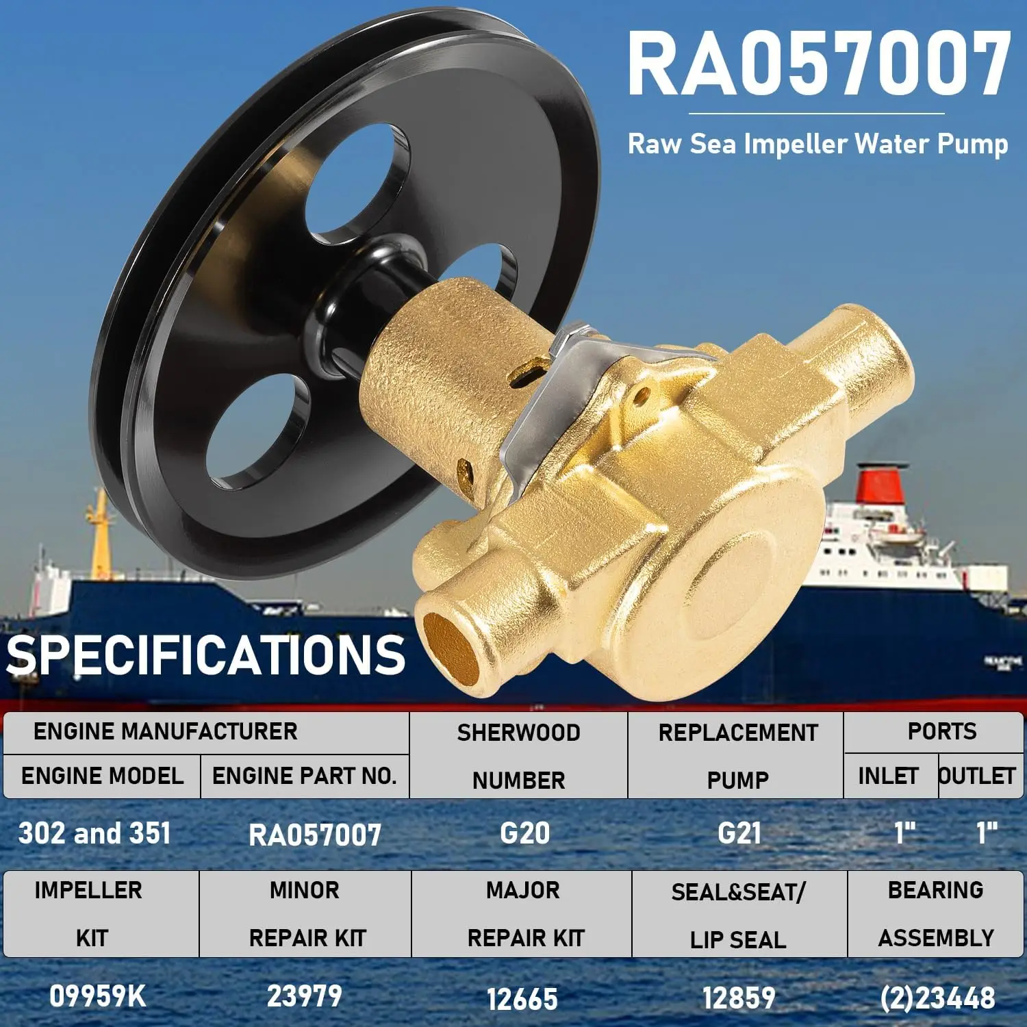 RA057007 Raw Sea Impeller Water Pump For Ford Marine 5.0, 5.8, 351, 302 Replaces for Sherwood Pleasurecraft G20, G21, G-21, PCM