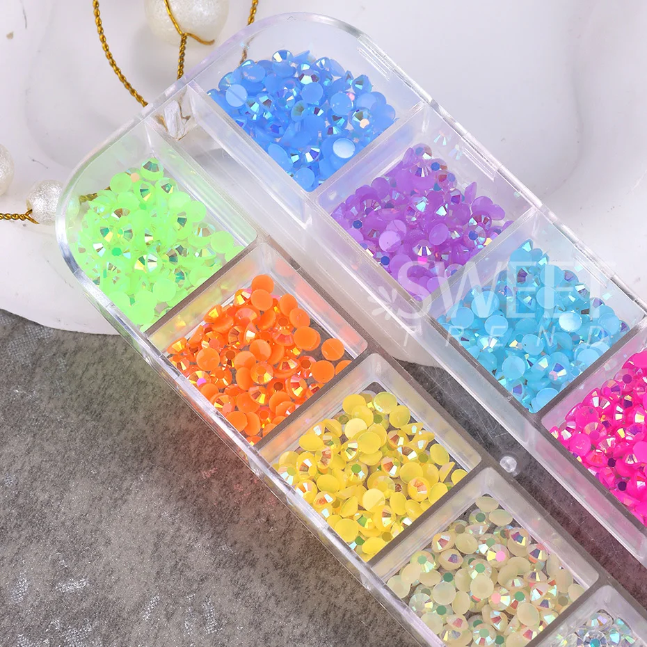 Decoración de uñas con diamantes de imitación de cristal de gelatina de 12 cuadrículas, 2/3mm, Macaron, caramelo, AB, Color, Parte posterior plana, encanto de uñas, joyería de gemas DIY, suministros para uñas