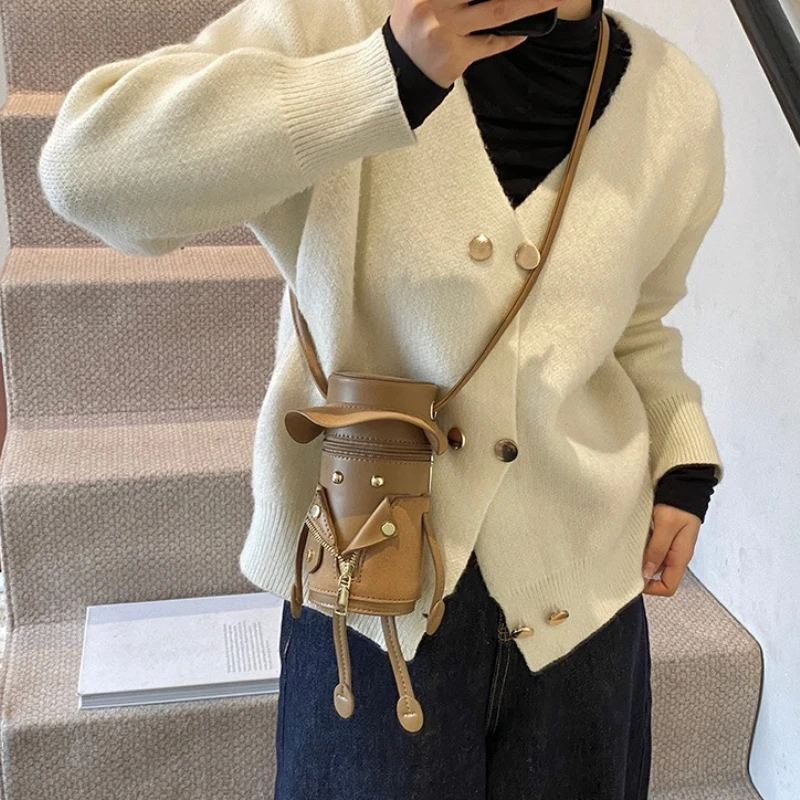 Cute Character Shaped Mini Crossbody Bag with Whimsical Faux Leather Adorable Doll Bucket Shoulder Purse with Detachable Strap