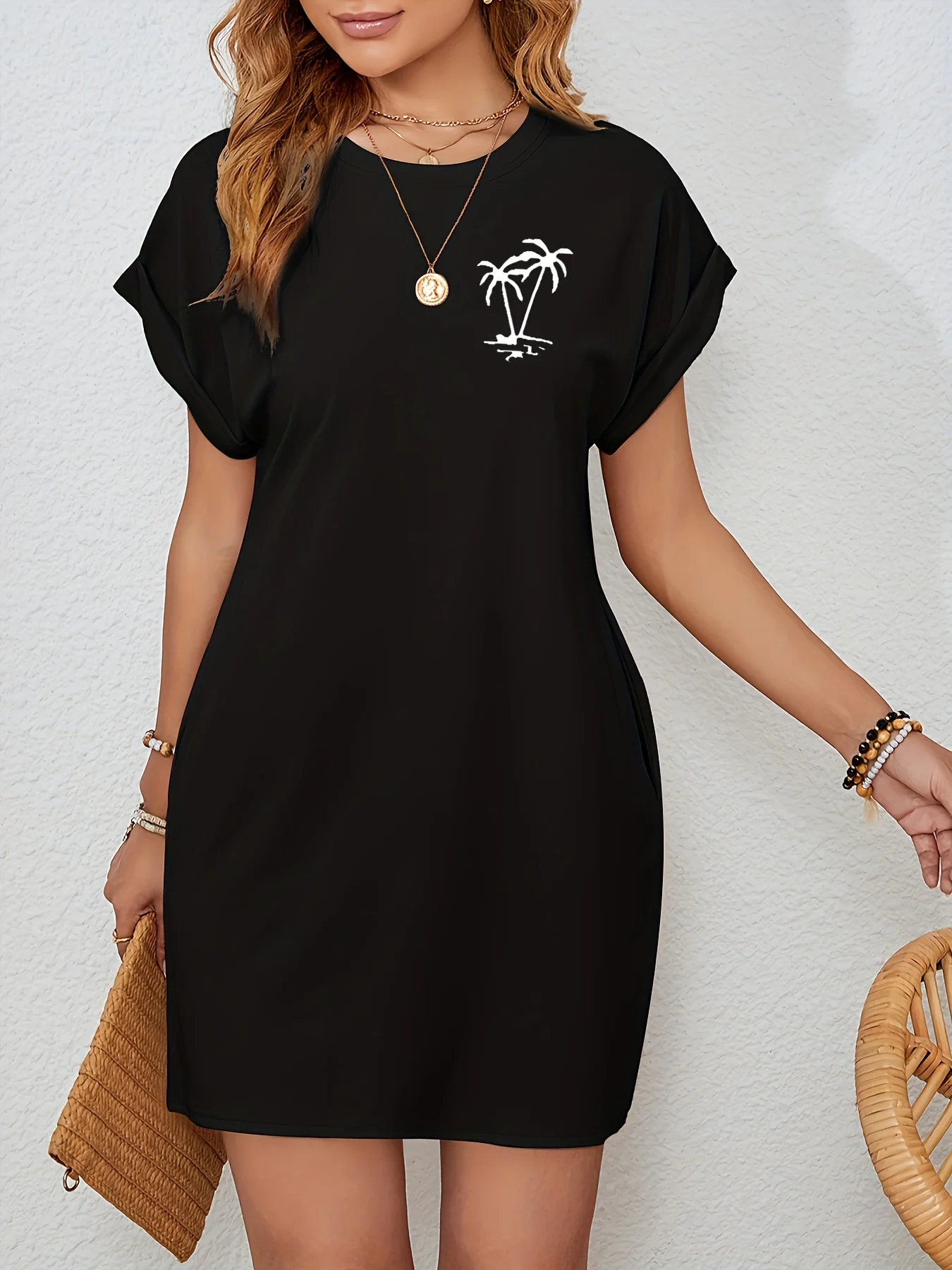 Robe t-shirt en tricot décontracté pour femmes, avec lettres imprimées, col rond, manches courtes, haut à la mode, noir avec motif de drapeau coloré