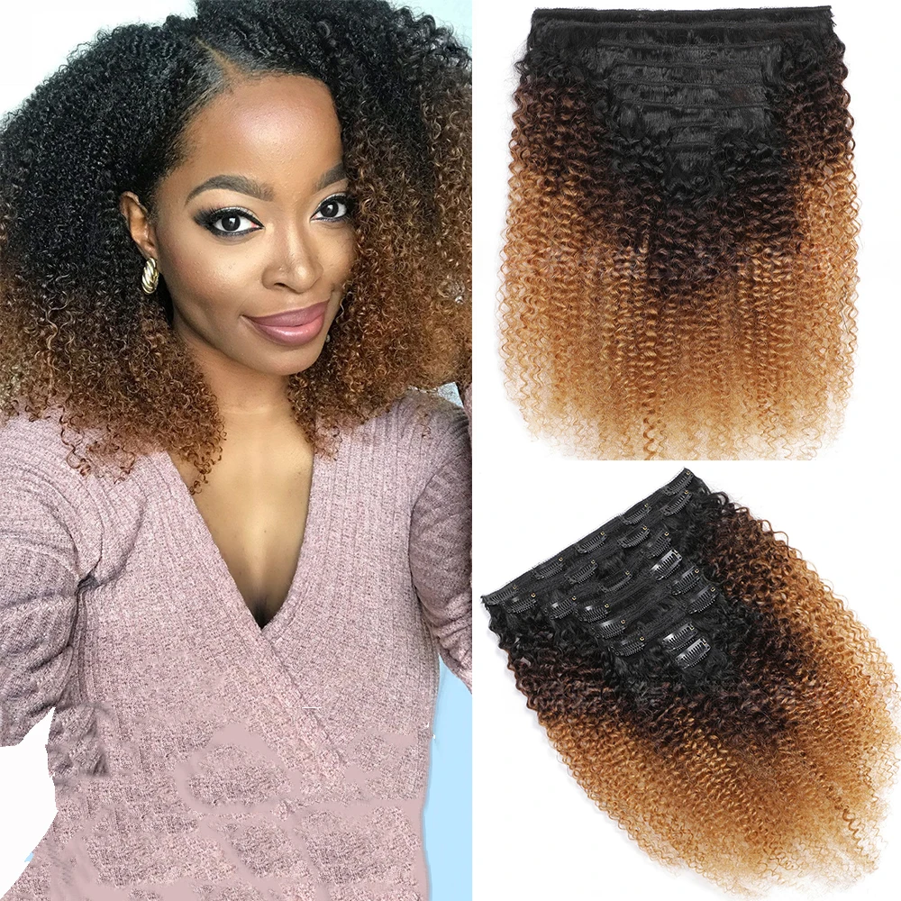 

Накладные волосы T1B/4/27 Afro Kinky Curly, 120 г, 8 шт./набор, бразильские натуральные волосы T1B/99J 4B 4C, бесшовные накладные пряди на клипсах