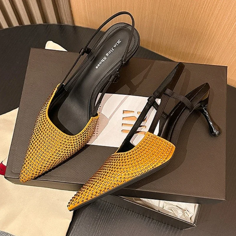 

Gold Rhinestone Sexy Pointed Toe Sandals Ladies Pumps Designer Banquet Party Shoes Women Hollow Luxury Brand High Heels Women