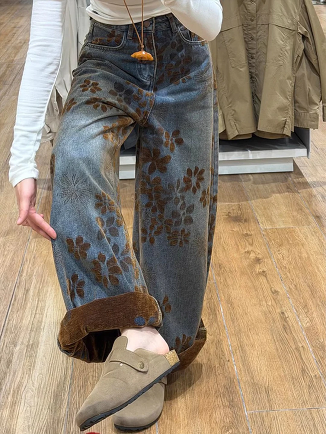 

Retro American Floral Embroidery Thiened Wide Leg Jeans Men Women Autumn Winter Fce High Waist Straight Loose Knife ...