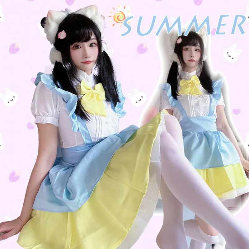 Color Cosplayer Japanese Sweetness Lolita Dress Summer Bow Tie Maid Cosplay Costume Women Maid Dress Vintage Maid Work Uniform