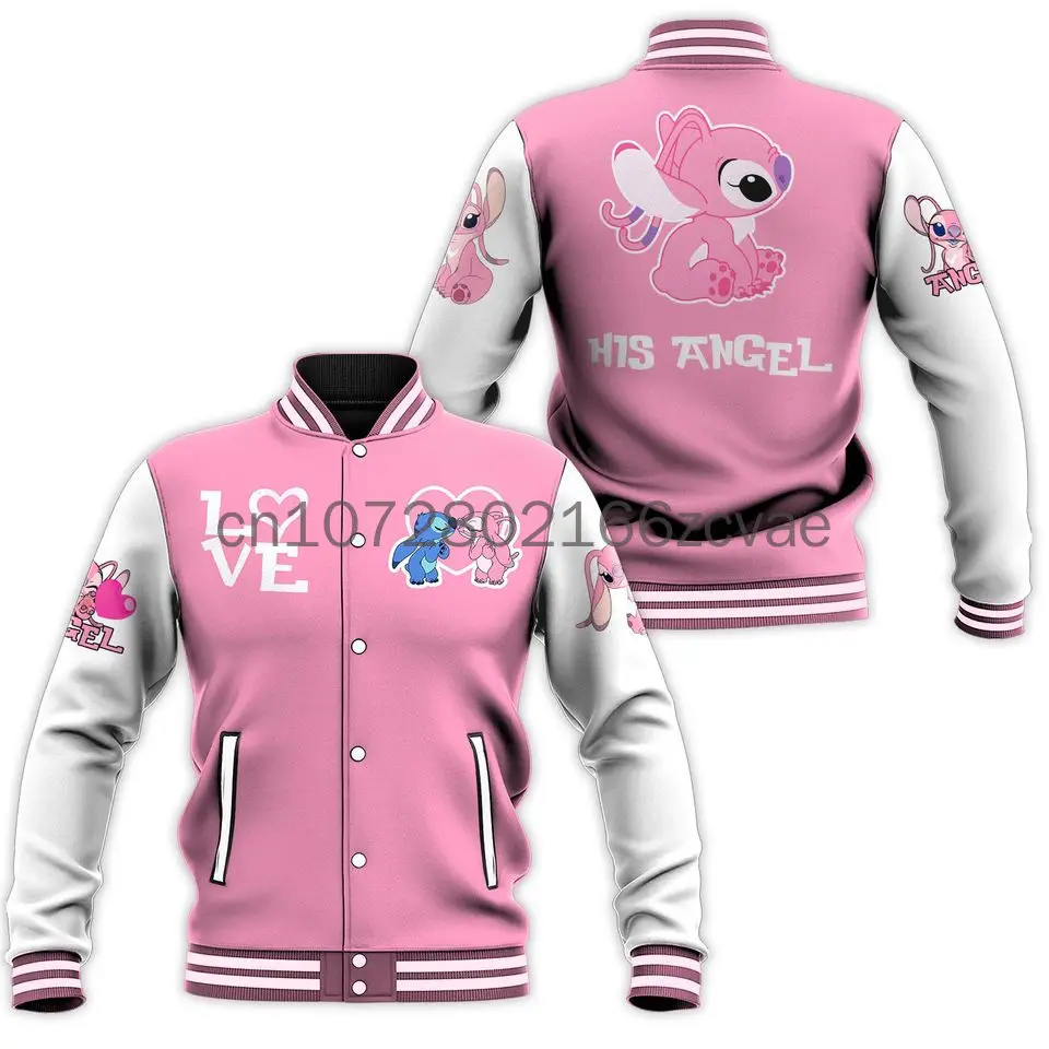 Summer New Stitch and Angel Couple Love Baseball Jacket Disney Casual Baseball Jacket Oversize Street Men's and Women's Jacke