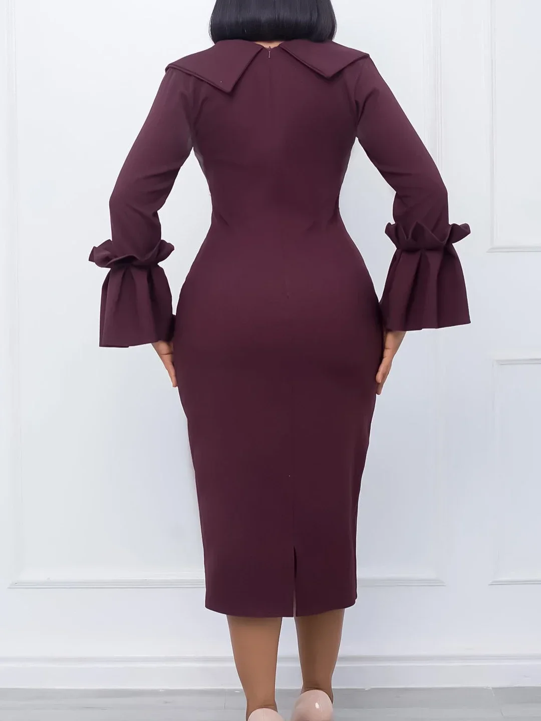 AOMEI Elegant Long Sleeve Dresses Women Bodycon V Neck Button Flare Vintage Royal Blue Black White Claret Office Lady Work Wear