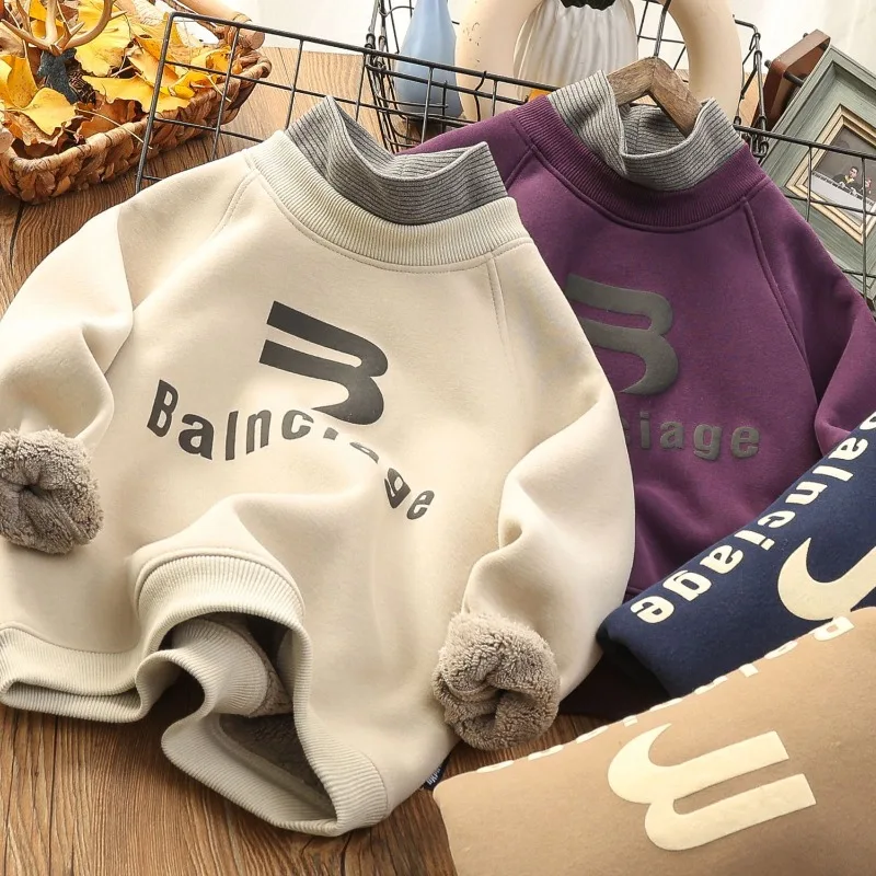 Boys' Big Kids Winter 2025 New Fake Two-Piece Fleece-Lined Mid-Collar Thickened Stylish Base Layer Sweatshirt Tops