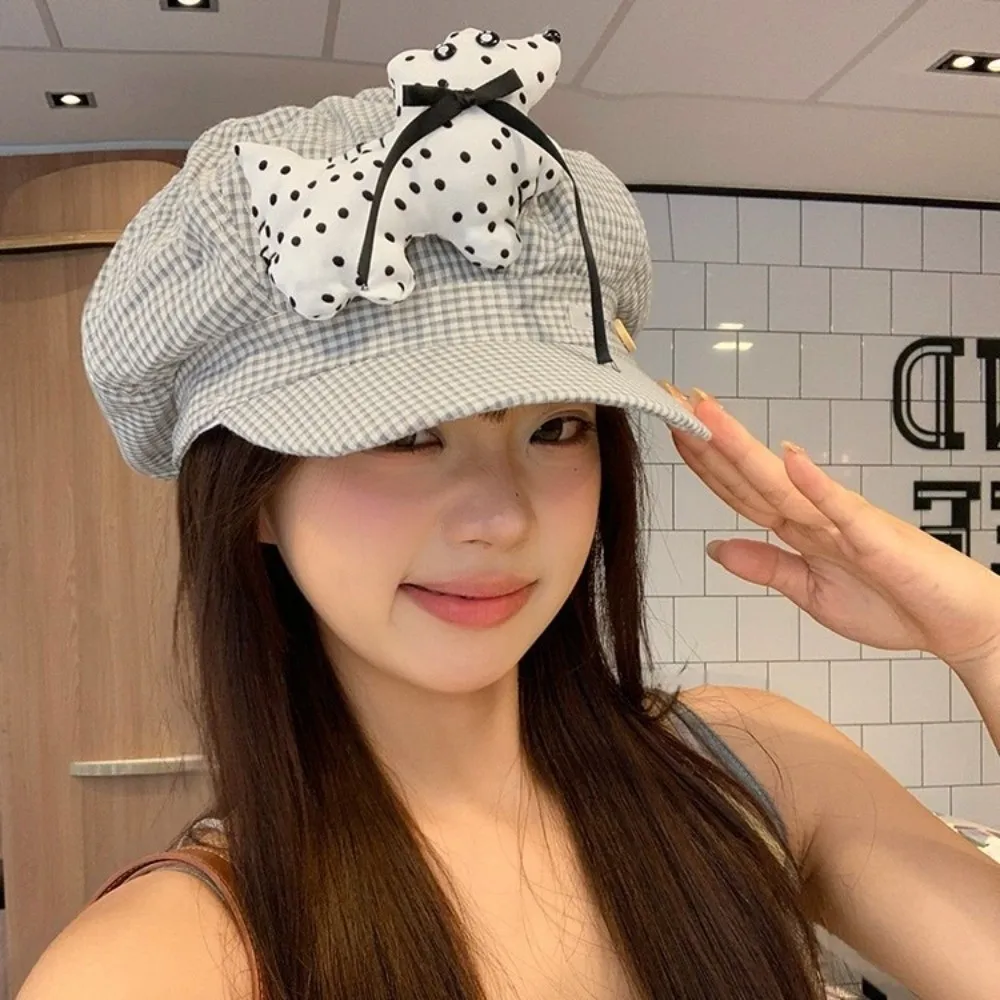 

Casual Cute Puppy Cloud Berets Korean Y2k Octagonal Caps Sweet Plaid Painter Hat Streetwear