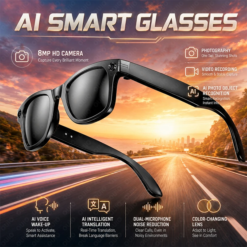 Video Intelligent Recognition Glasses 8MP HD Camera  Al Photo Object Recognition Al Intelligent Q&A Al Translation Smart Glasses