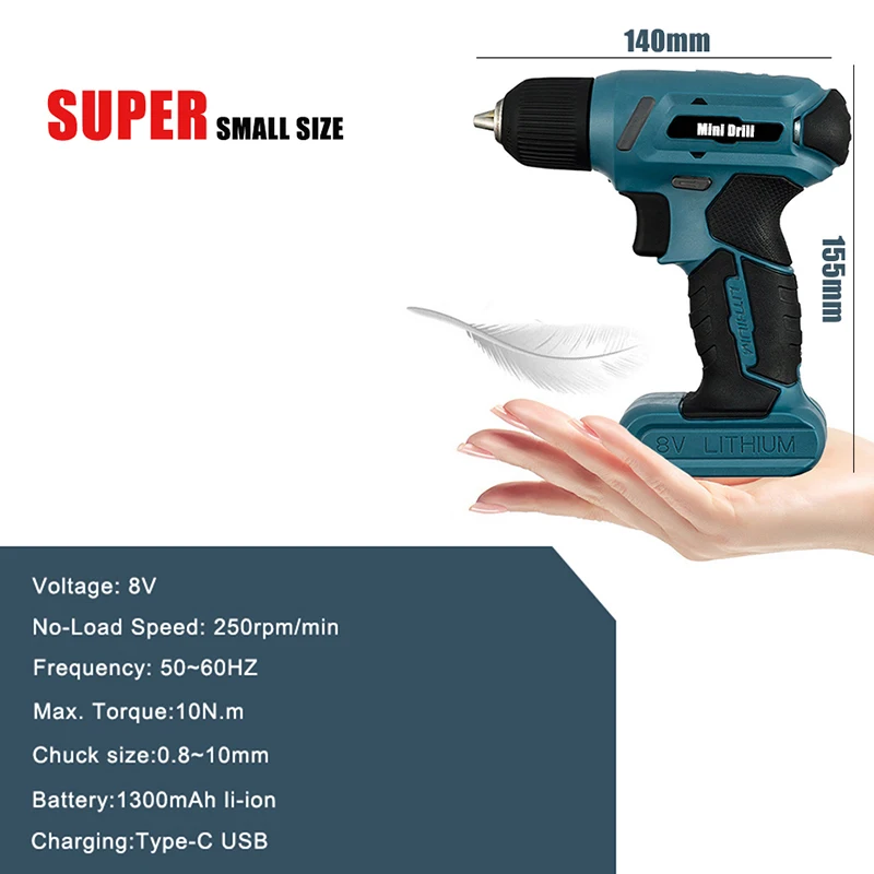 Super Mini Cordless Electric Screwdriver 8V Lithium Battery Operated Type-c Rechargeable LED Electric Tools set Electric Drill