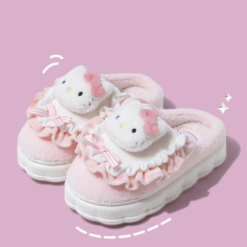 Kawaii Sanrio Hello Kitty Kuromi My Melody Cinnamoroll damskie kapcie bawełniane zimowe domowe okrągłe Toe Casual płaskie ciepłe kapcie